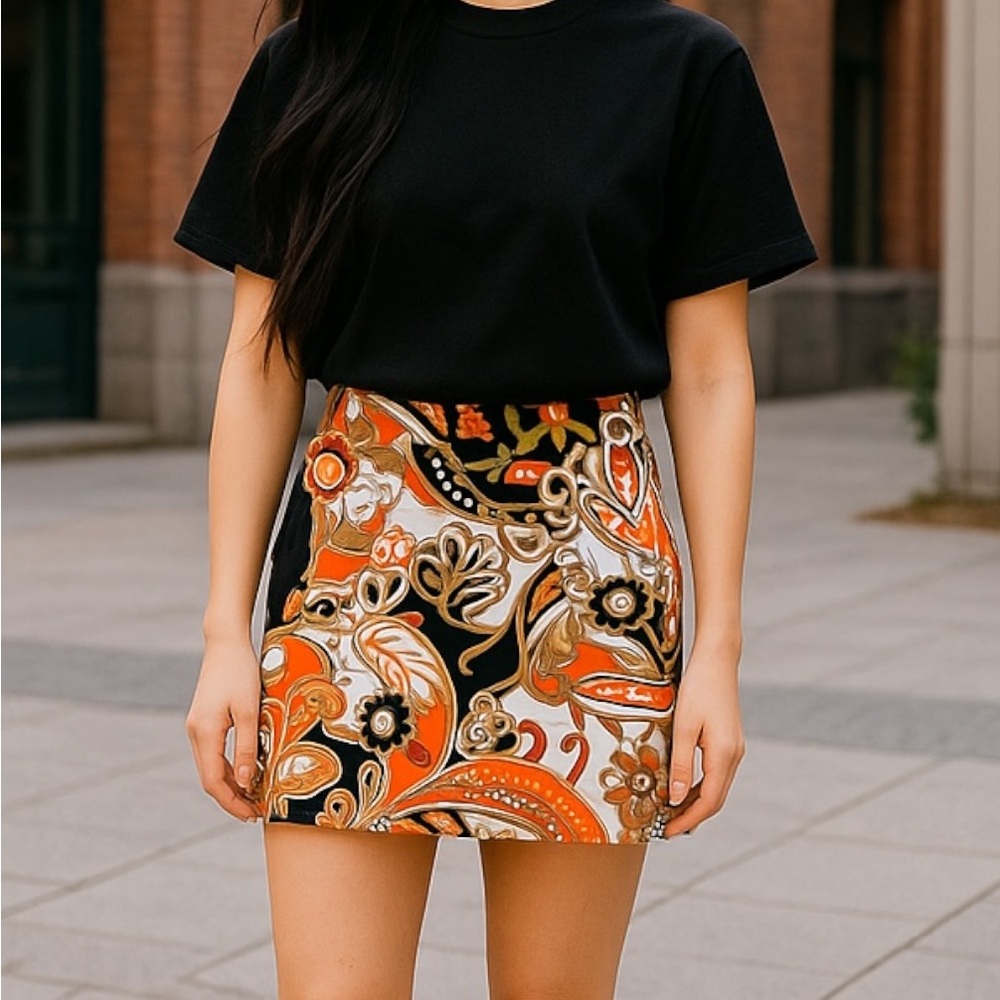 EUC J. CREW STRETCH WOMENS COTTON VINTAGE STYLE PAISLEY PATTERN MINI SKIRT•S/0
